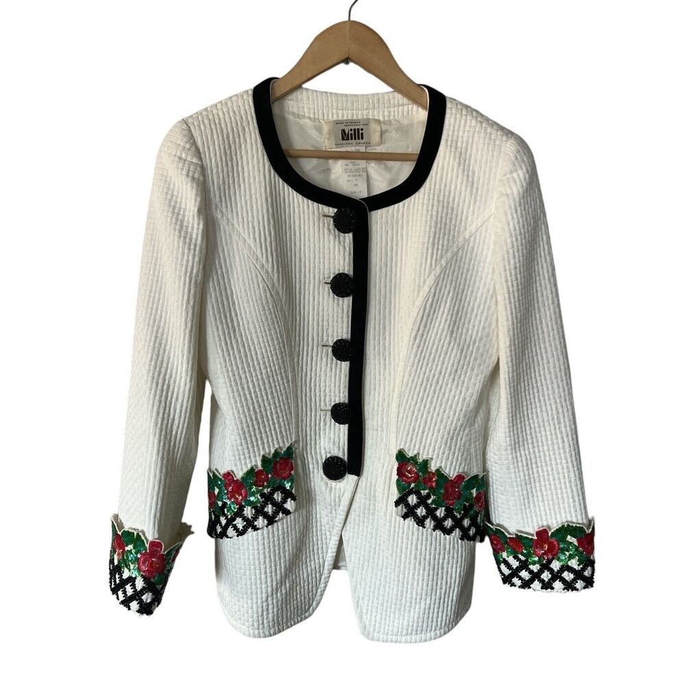 Milli White Woven Vintage Jacket Floral Beaded Accents Size 38 Made In France